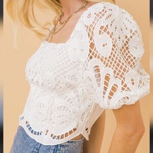 White Lace Crochet Puff-Sleeve Women's Top